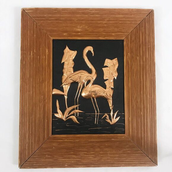 Vintage Flamingos Picture Copper relief and Wood framed 50s 60s MCM - Picture 1 of 8